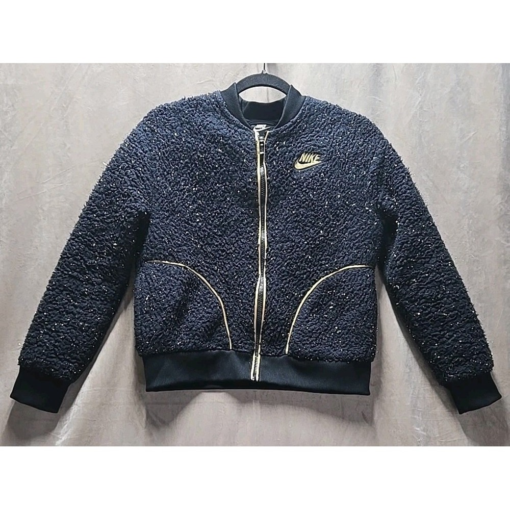 Nike Girls Sherpa Tinsel Jacket Black Gold Sz XL Loose Fit Full Zip Swoosh Logo